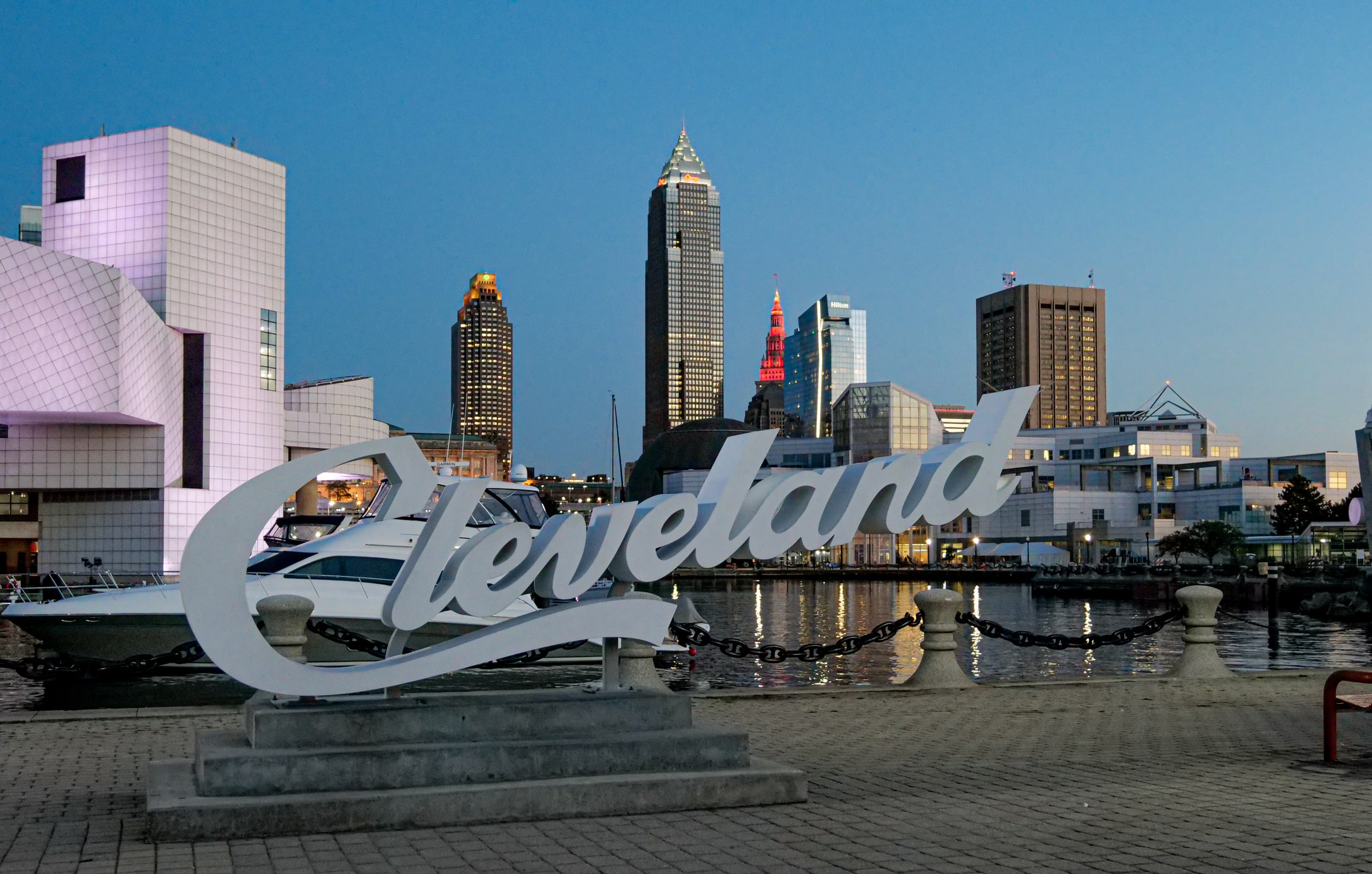 Cleveland Ohio logo in front of the cityscape